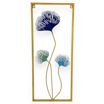 Tablou decorativ metalic 3 flori de Lotus mint albastru auriu