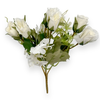 Buchet 6 trandafiri cu mini hortensie alb