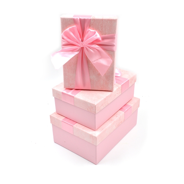 Set 3 cutii dreptunghiulare cu funda mare roz model marmura AFO
